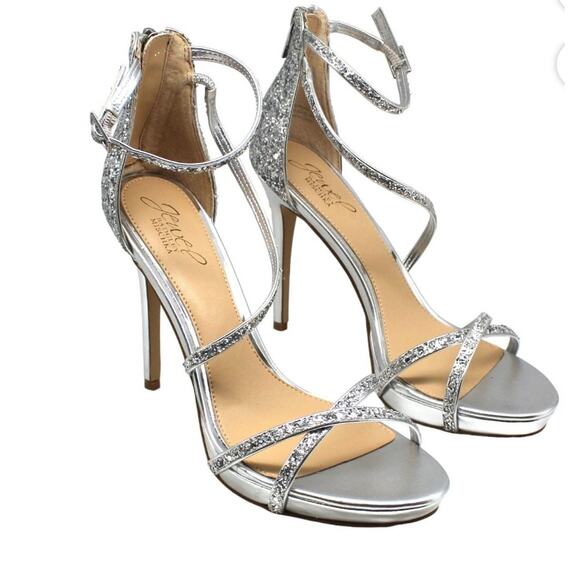 Jewel Badgley Mischka Women's Jolene Evening Sandals Silver Glitter Size 8.5 - Picture 2 of 12